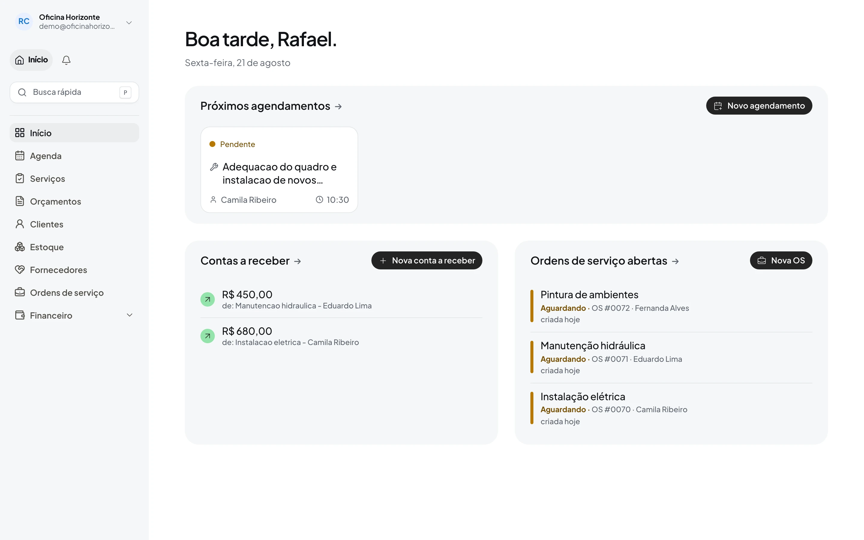 Tela de início do Ordora em uma empresa de serviços, com próximos agendamentos, contas a receber e ordens de serviço abertas